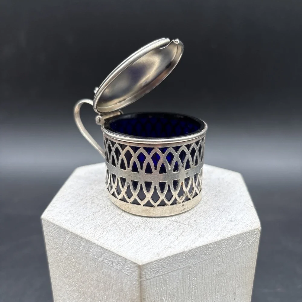 Sterling Silver 925 Mustard Pot Cobalt Blue Glass Liner‎ Openwork Vintage
